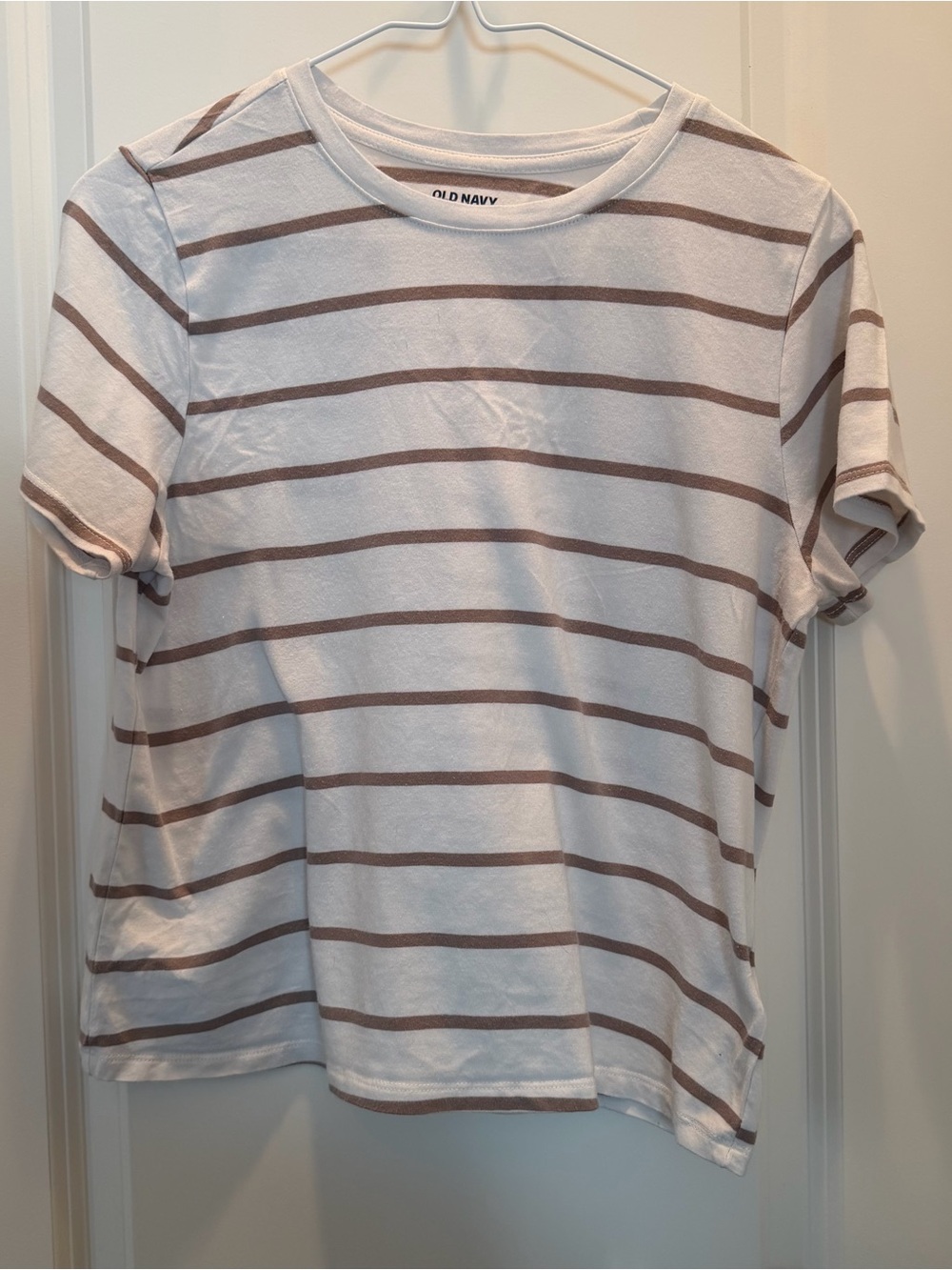 Old Navy White and Brown Striped Short Sleeve Tee Tall sz Large